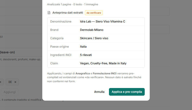La modale di importazione da PDF con l'anteprima dei dati estratti