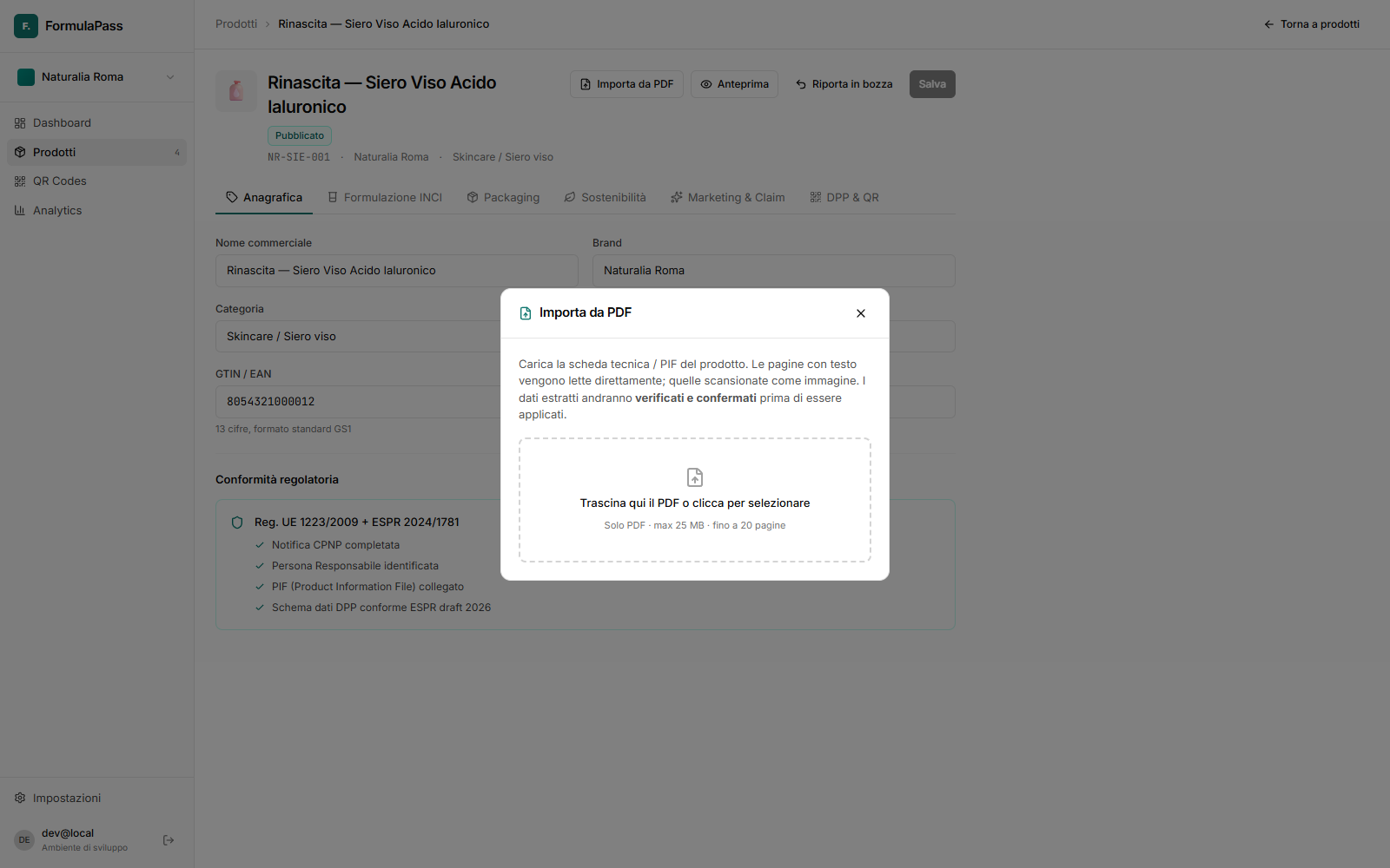 La modale di importazione da PDF con anteprima dei dati estratti